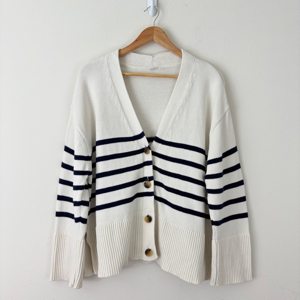 Gap Cotton Striped V-Neck Button Cardigan Sweater Cream Navy Blue L Preppy Coast